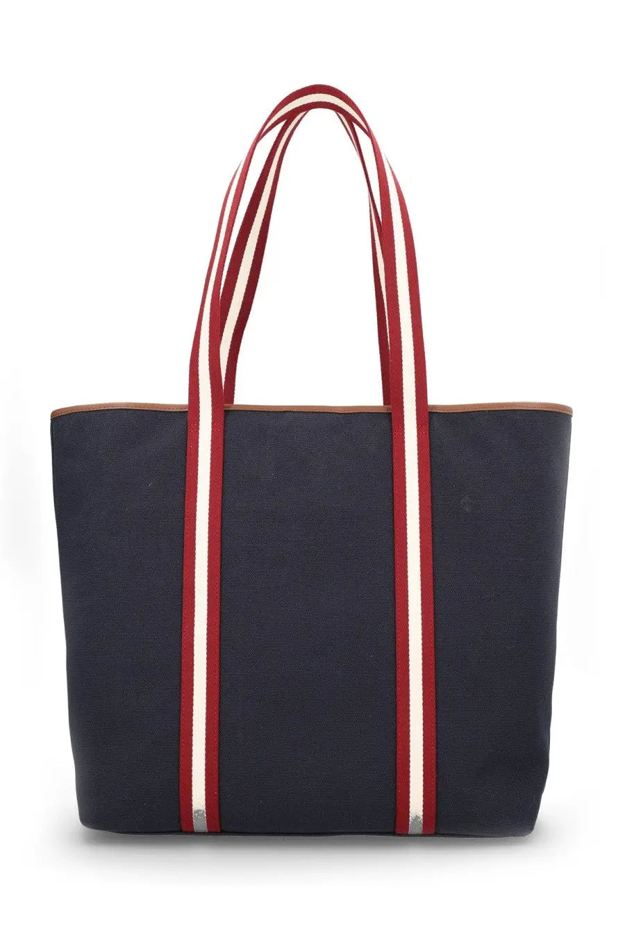 Navy blue canvas tote bag with red and white striped handles from Bally Women’s EB Ribbon Bag Black collection