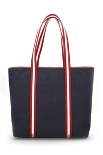 Navy blue canvas tote bag with red and white striped handles from Bally Women’s EB Ribbon Bag Black collection
