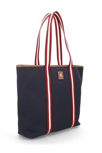 Bally women’s eb ribbon bag black navy blue canvas tote with red and white striped handles and brown leather trim