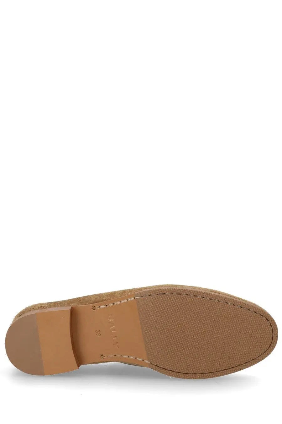 Bally women’s mocassino plum brown tan leather shoe with low heel and stitched detailing on the sole