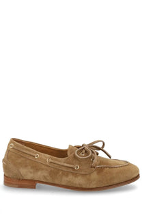 Bally women’s mocassino plum brown tan suede boat shoe with low wooden heel and gold-toned eyelet laces