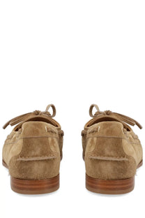 Bally women’s mocassino plum brown tan suede boat shoes with brown leather soles and matching laces