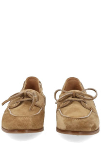 Bally women’s mocassino plum brown tan suede boat shoes with matching laces and brown rubber sole