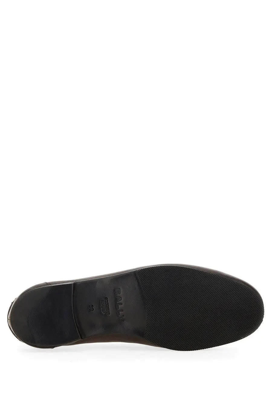 Back view of bally women’s moccasin pathy brown black leather shoe with textured rubber sole and embossed brand logo on heel
