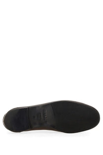 Back view of bally women’s moccasin pathy brown black leather shoe with textured rubber sole and embossed brand logo on heel