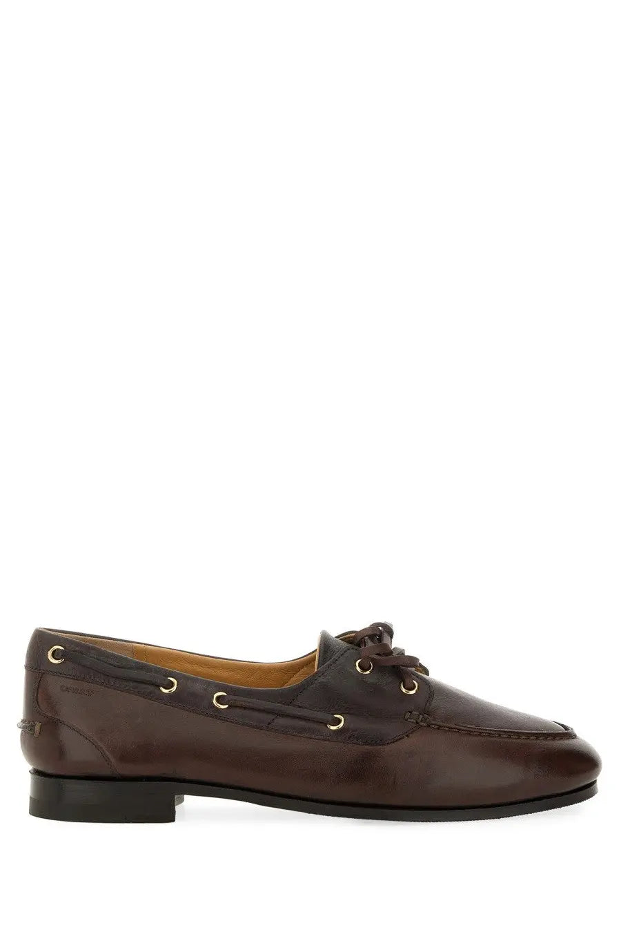 Bally womens moccasin pathy brown brown leather boat shoe with gold toned eyelets and low heel