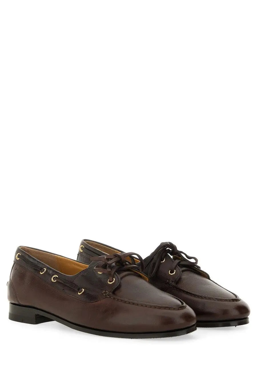 Bally women’s moccasin pathy brown brown leather boat shoes with gold toned eyelets and dark laces