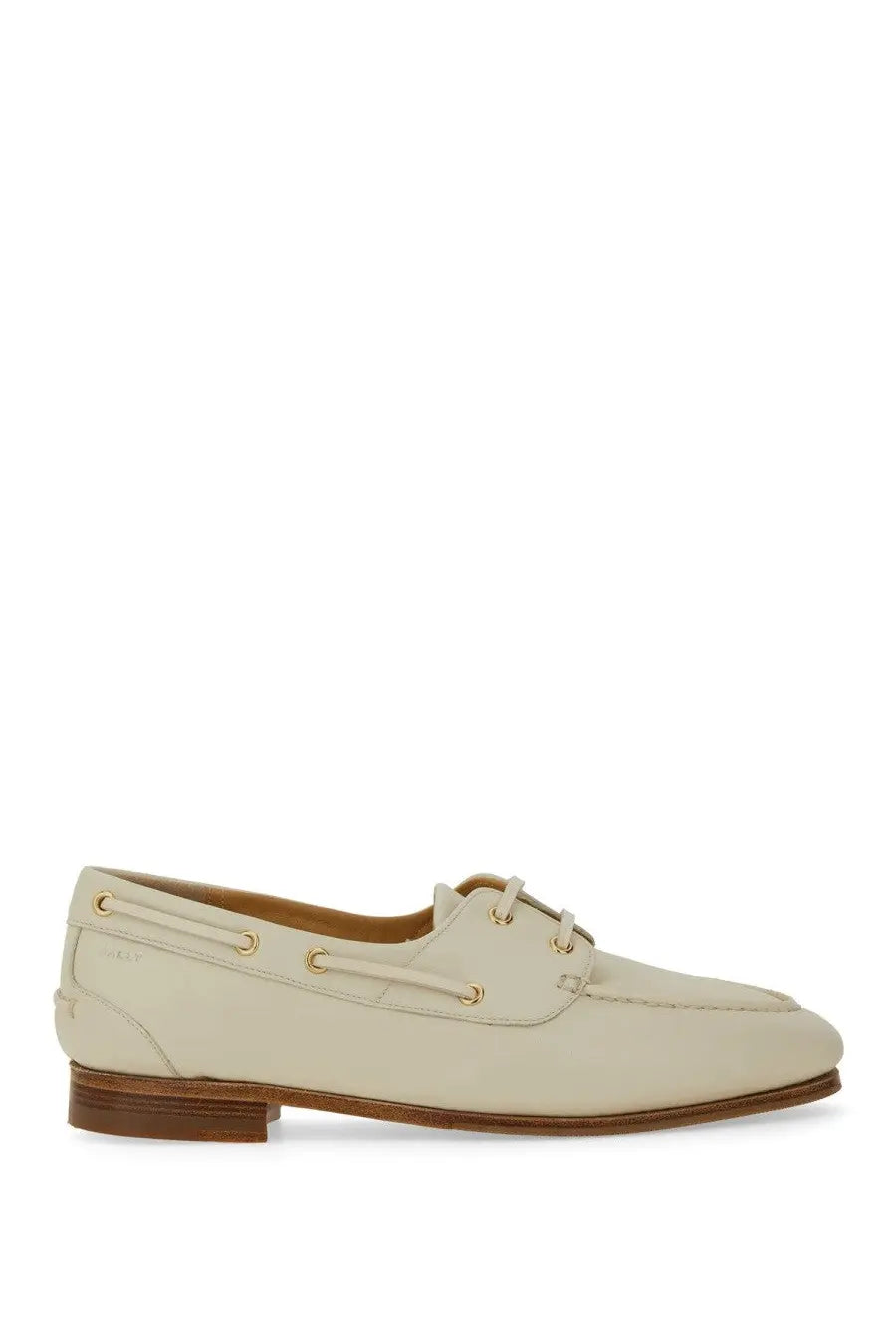 Bally women’s moccasin pathy white cream leather boat shoe with gold tone eyelets and brown rubber sole