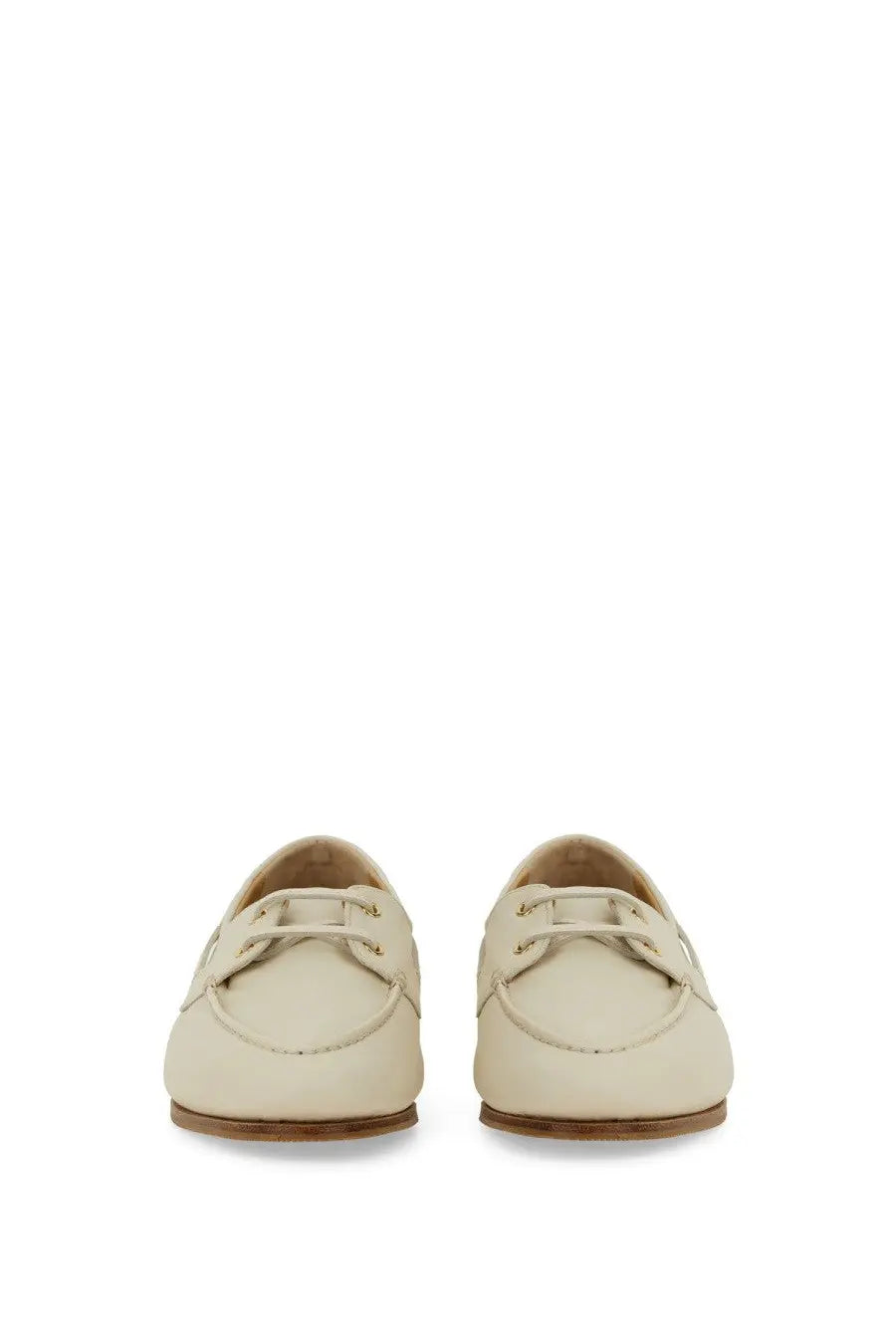 Bally women’s moccasin pathy white cream-colored leather loafers with classic minimalist design and brown soles