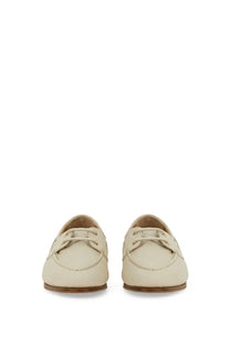 Bally women’s moccasin pathy white cream-colored leather loafers with classic minimalist design and brown soles