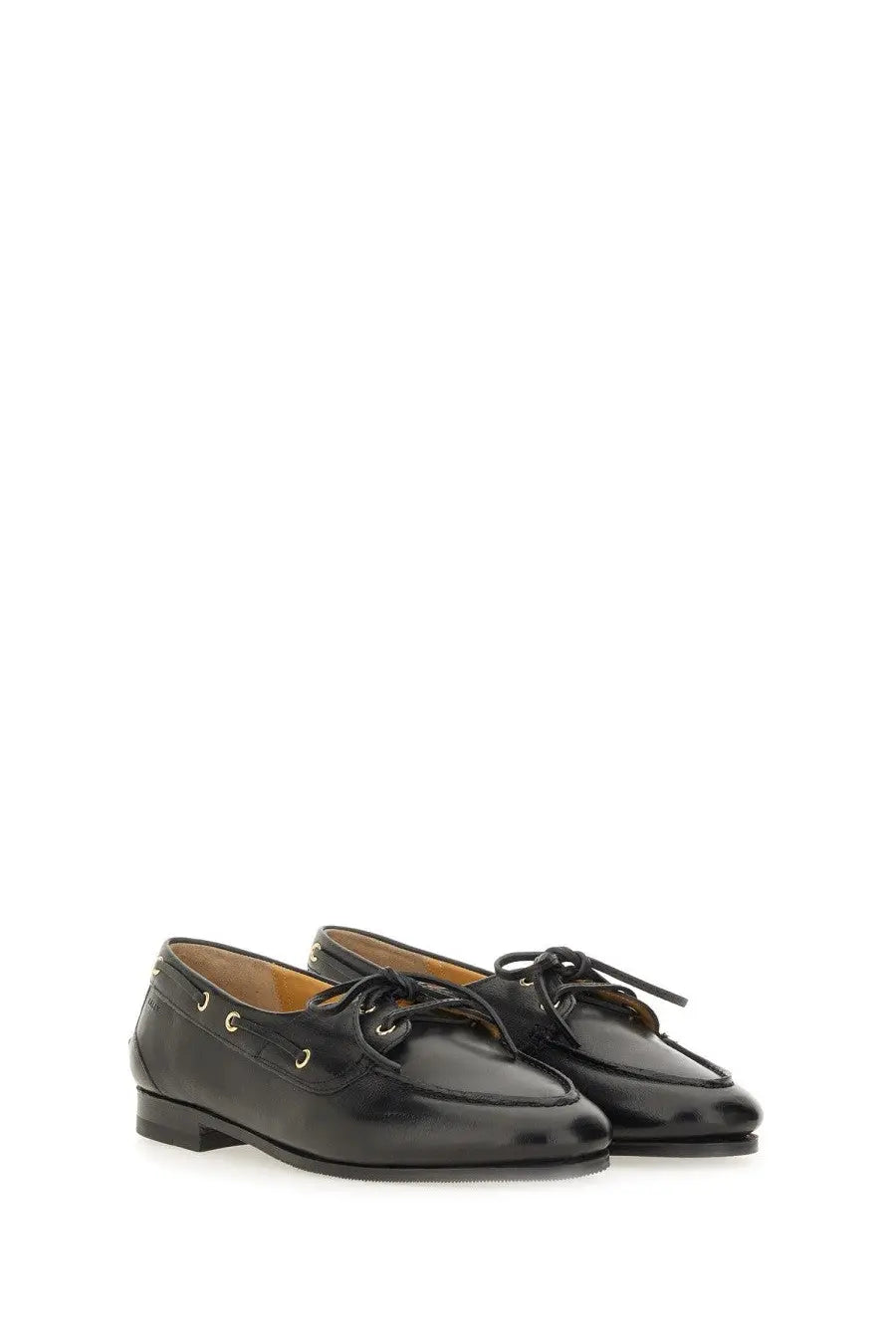 Bally women’s moccasin plume black leather lace-up loafers with polished finish and subtle gold eyelets