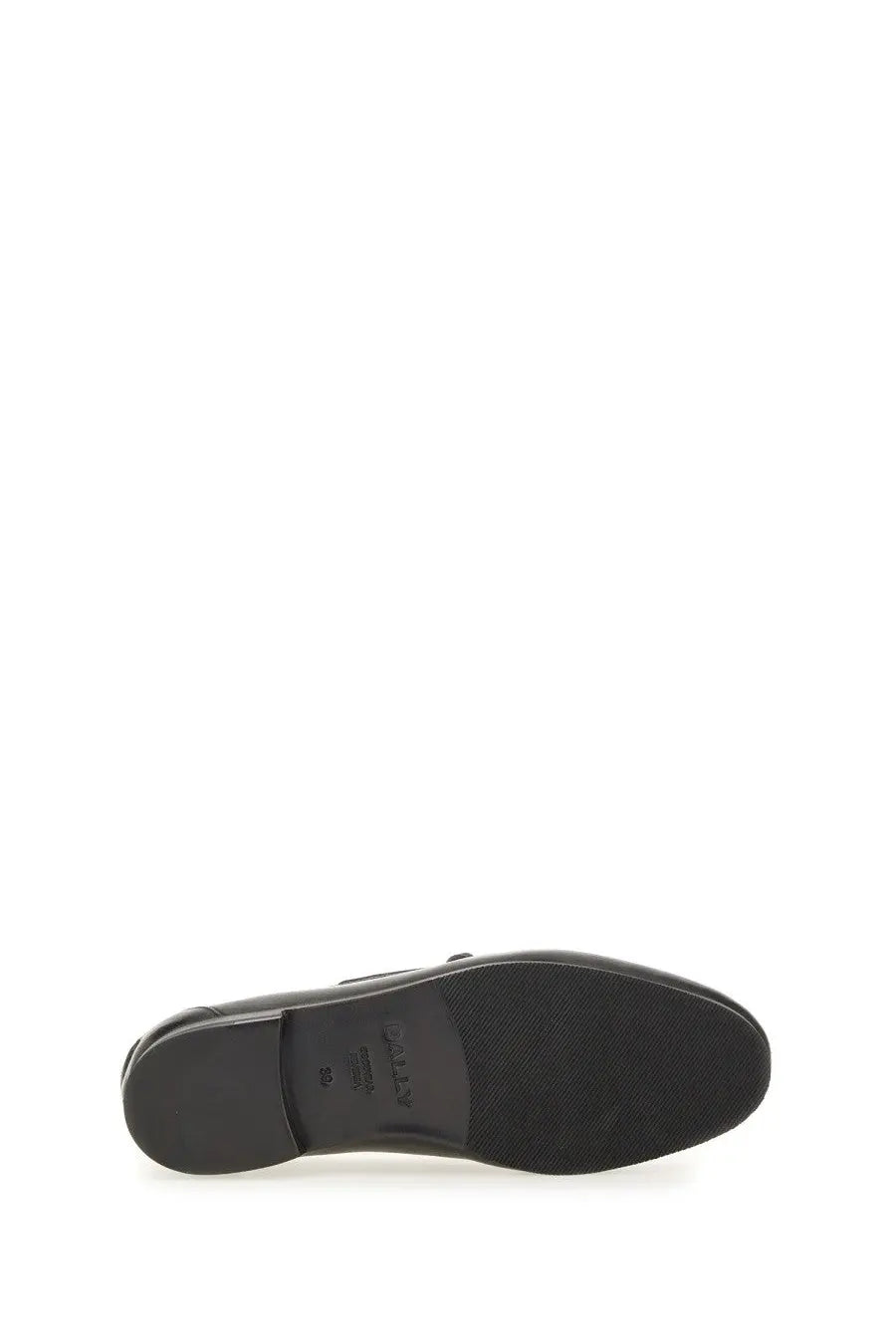 Back view of bally women’s moccasin plume black leather loafer with textured rubber sole and embossed logo on heel