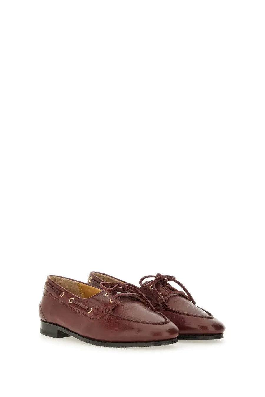 Bally women’s moccasin plume brown burgundy leather boat shoes with lace-up detailing and gold-tone eyelets