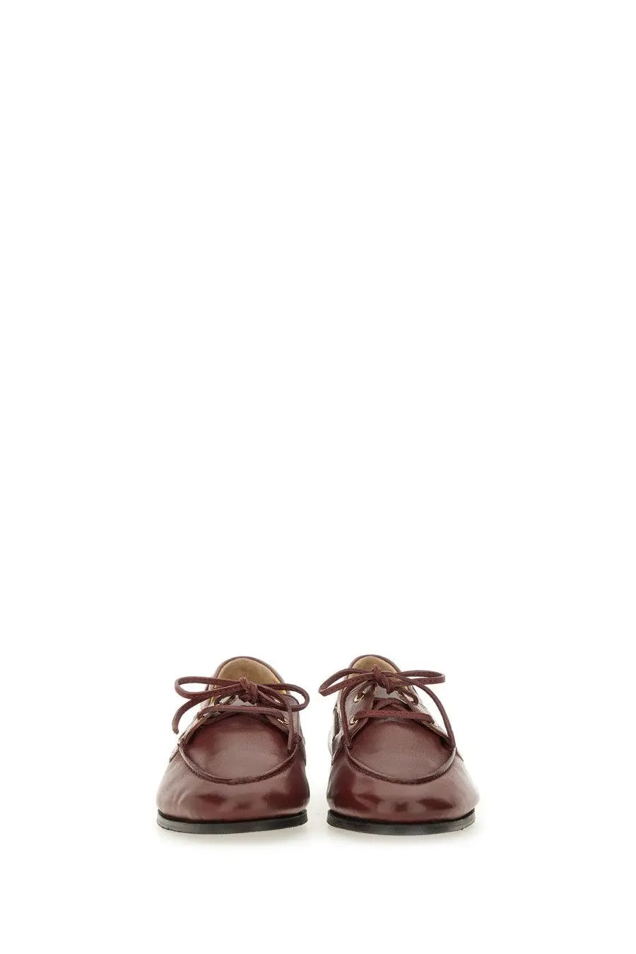 Bally women’s moccasin plume brown burgundy leather lace-up loafers with sleek polished finish and black soles