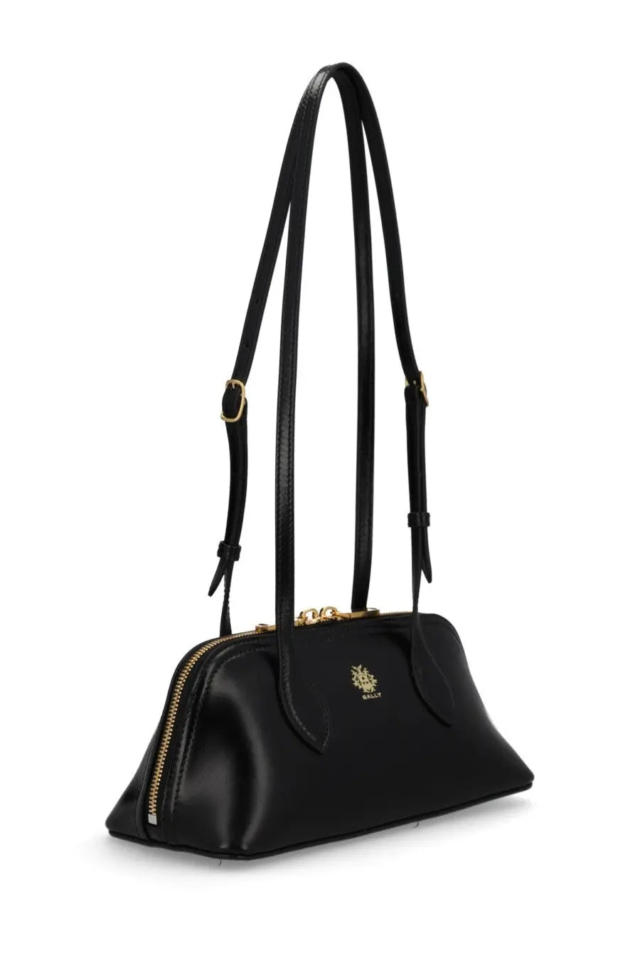 Bally women’s praline bag black leather handbag with gold-tone hardware and structured curved silhouette