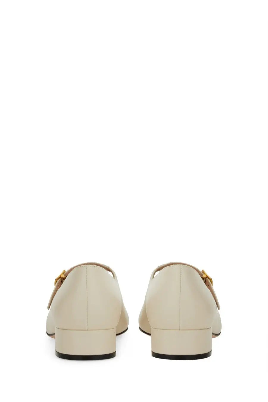 Bally women’s leather pump in white with cream-colored loafers and gold-tone buckle details