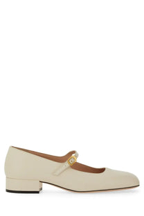 Bally women’s cream leather mary jane pump with gold-tone buckle and low block heel