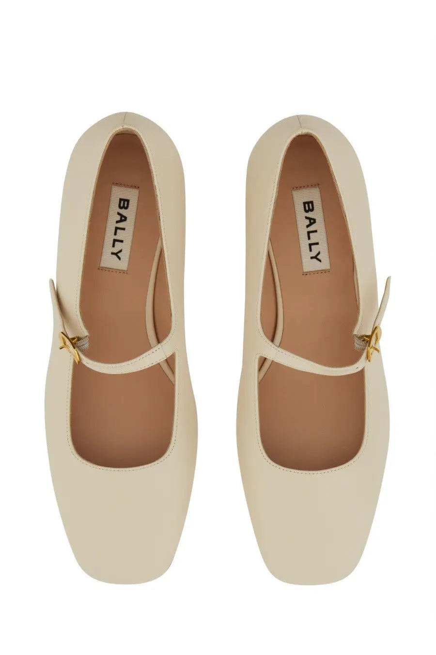 Bally women’s cream leather mary jane flats with square toes and gold-tone buckle accents