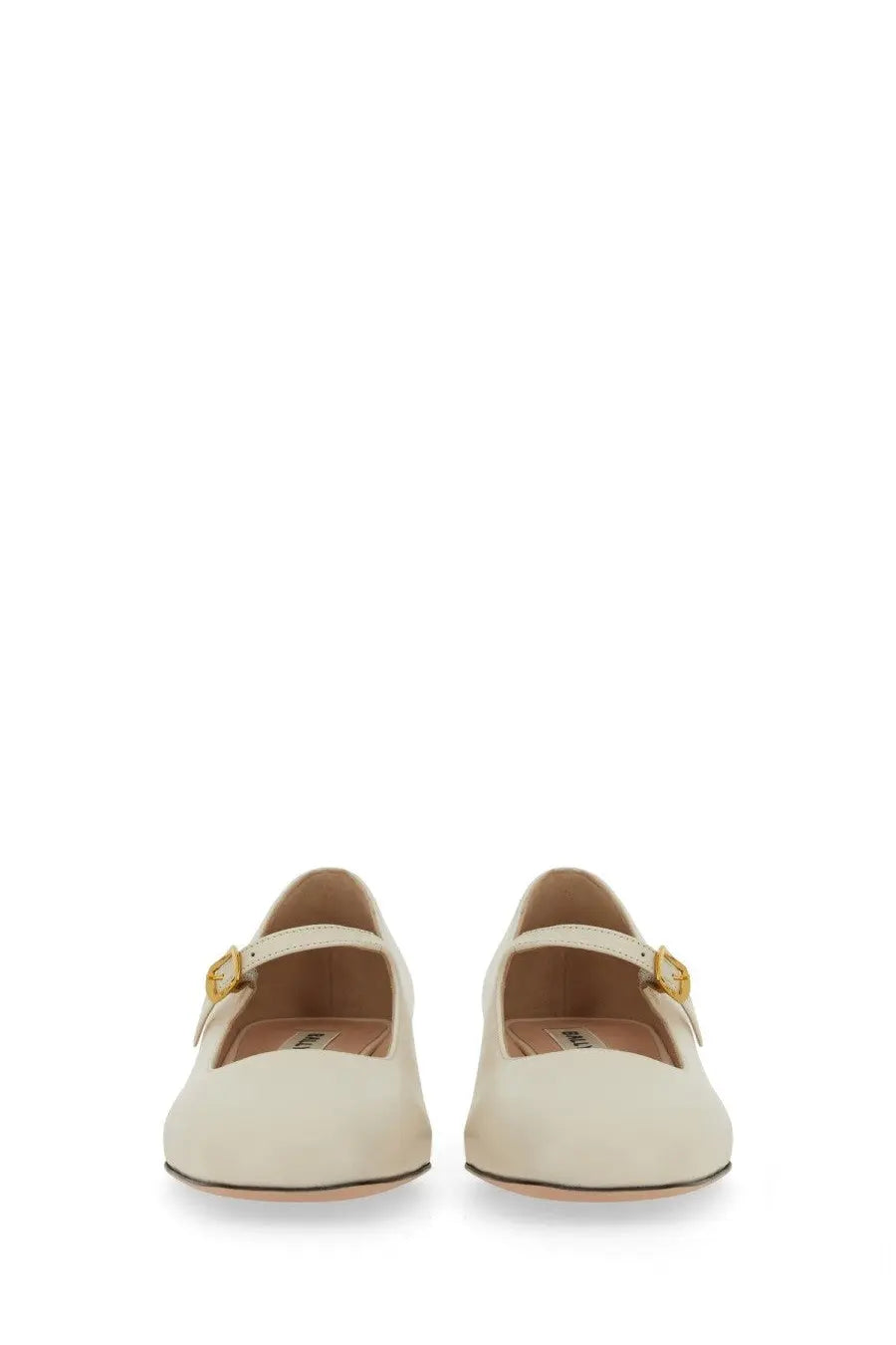 Bally women’s cream-colored suede mary jane flats with gold-tone buckle details in leather white
