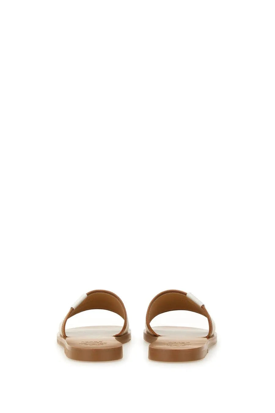 Bally women’s brown leather slide sandal sollie beige with white rectangular accent on the strap