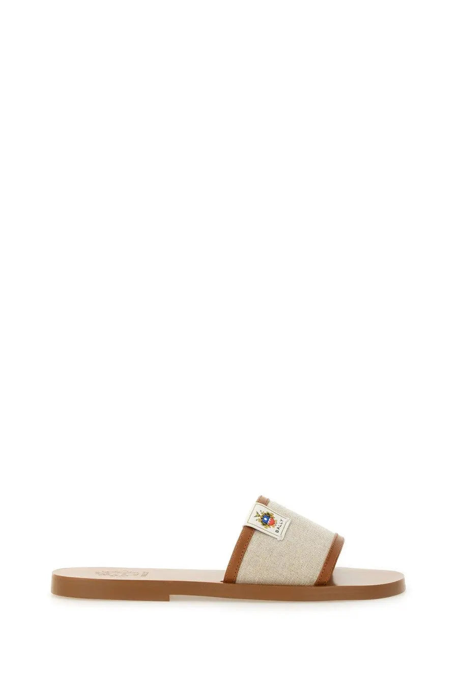 Bally women’s slide sandal Sollie in beige canvas with brown leather accents and a small embroidered logo patch