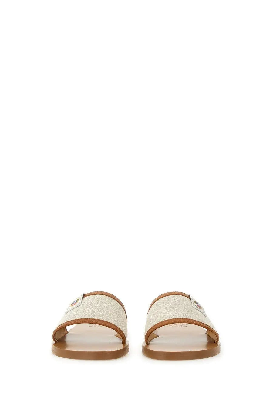 Bally women’s slide sandal Sollie beige with beige canvas sole tan leather straps and small metallic logo on side