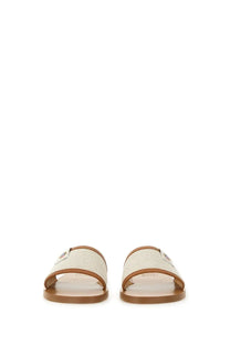 Bally women’s slide sandal Sollie beige with beige canvas sole tan leather straps and small metallic logo on side