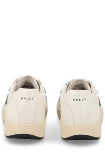 Bally women’s sneaker competition white cream leather upper with black heel accents shown from the back side