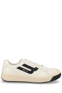 Bally women’s sneaker competition white leather sneaker with black branding and beige rubber sole front view