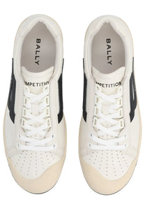 Bally women’s sneaker competition white featuring white leather, black side panels, and beige rubber soles