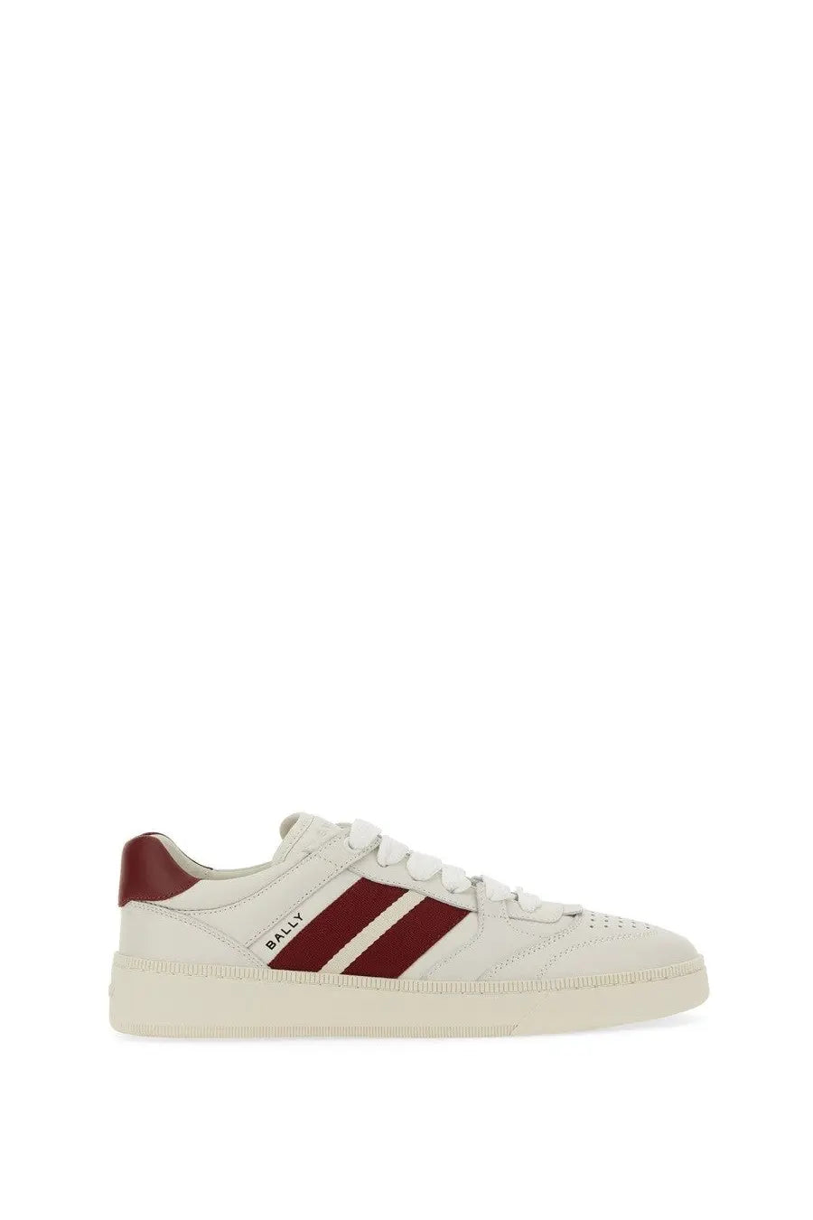 Bally women’s sneaker rebby white cream leather with bold burgundy stripes and matching heel tab front view