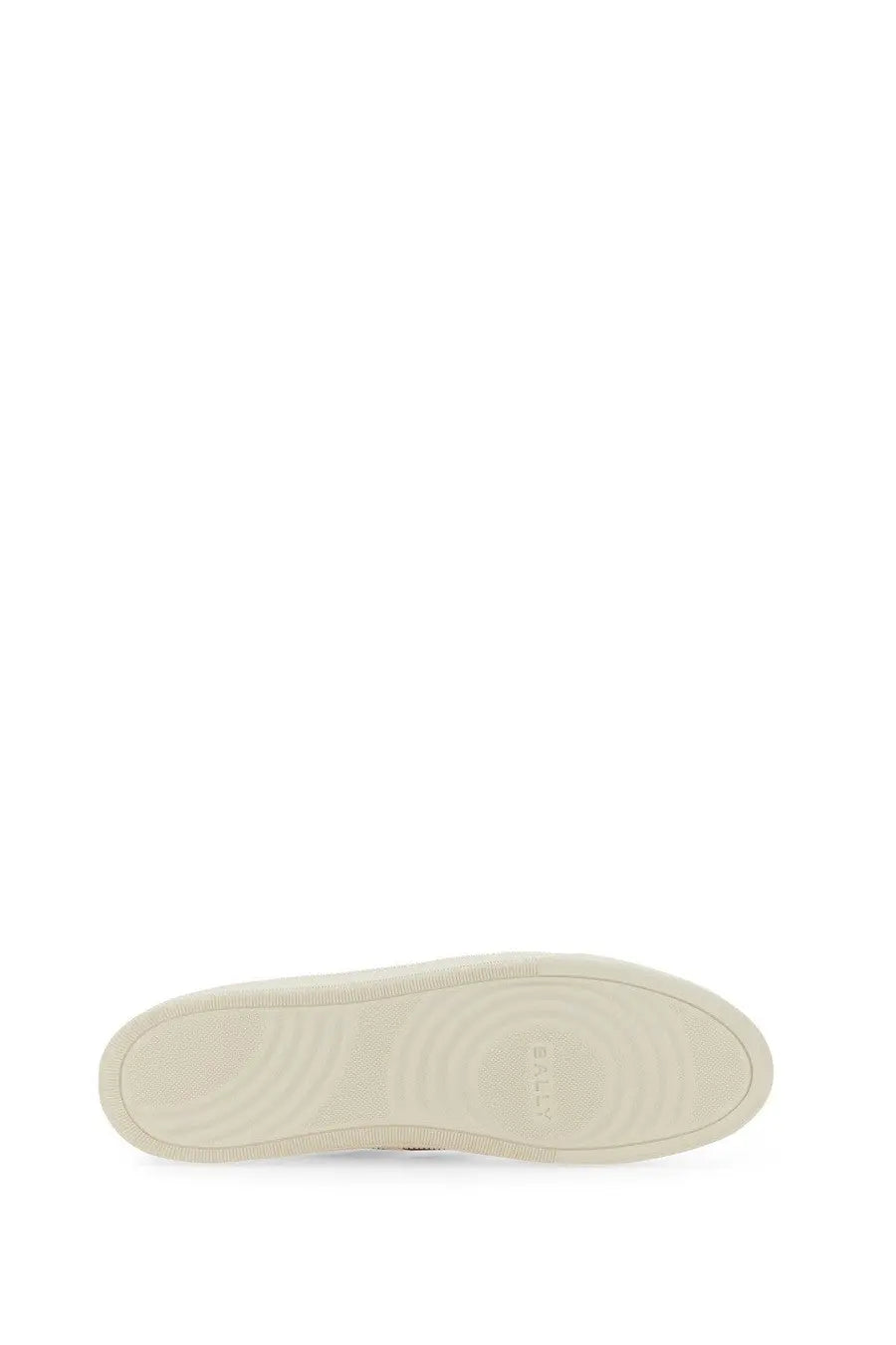 Cream-colored rubber sole with subtle concentric texture and embossed logo on bally women sneaker rebby white back side