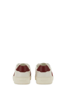 Back view of bally women’s sneaker rebby white cream-colored with burgundy leather accents and embossed heel brand name