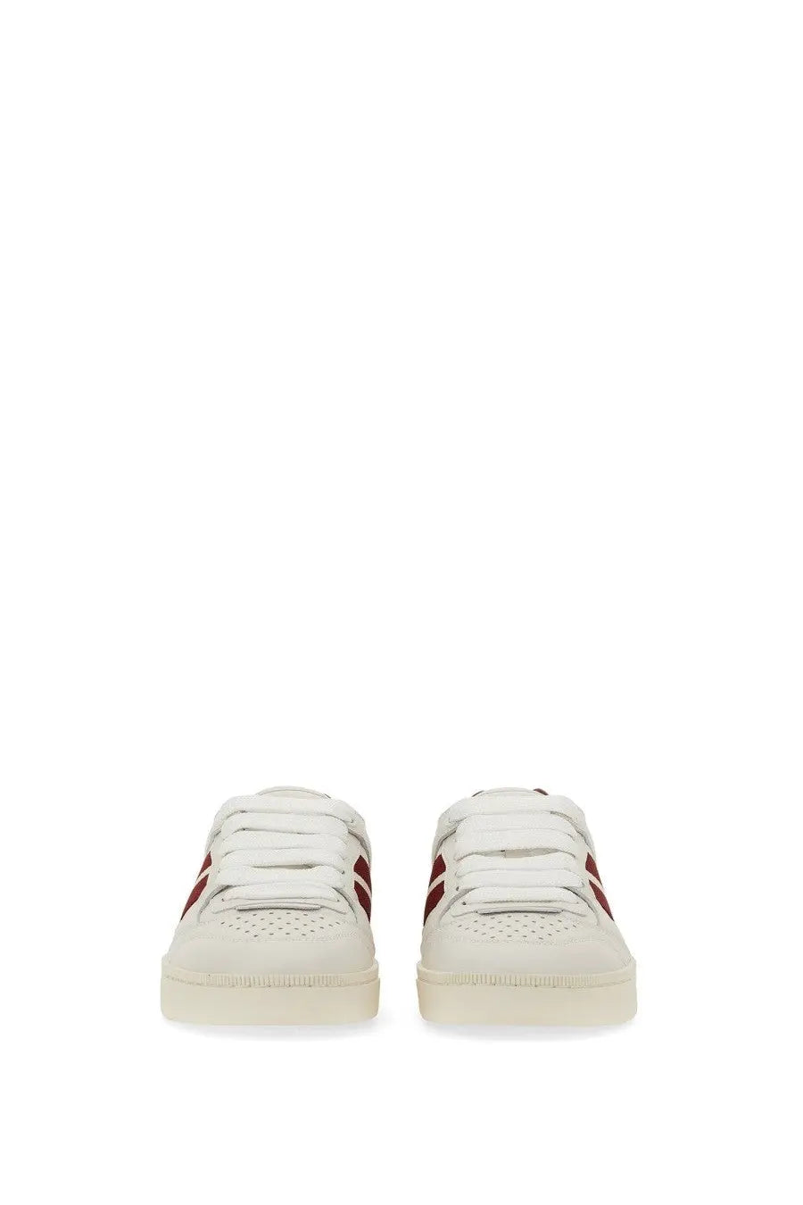 Bally women’s sneaker rebby white leather with maroon stripes and perforated detailing