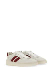 Bally women’s sneaker Rebby white with white leather, maroon stripes, and cream rubber sole visible from the back side