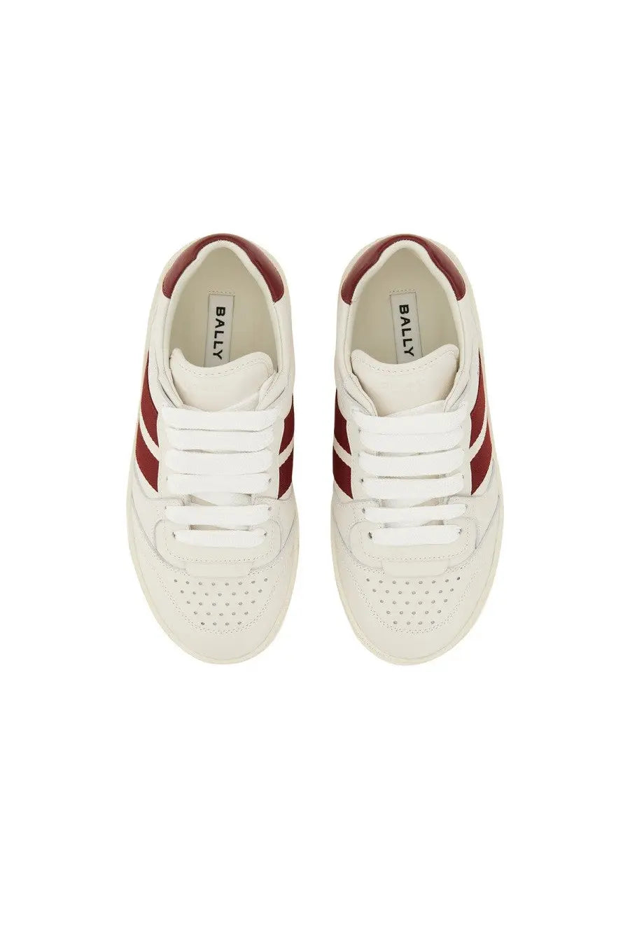 Bally women’s sneaker rebby white white leather sneakers with maroon accents and perforated detailing