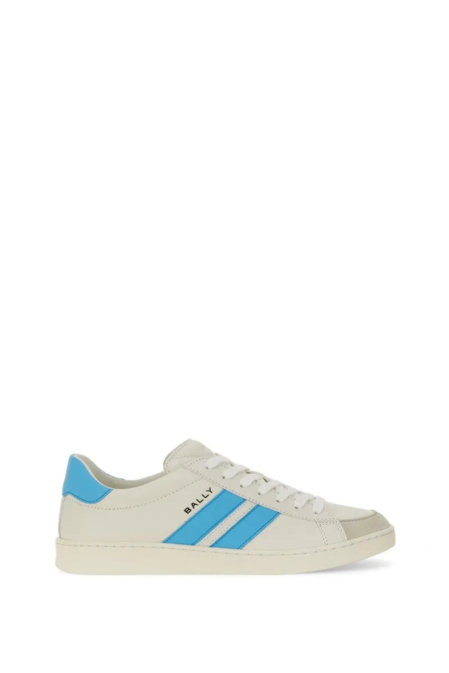 Bally women’s Tyger sneaker white featuring cream color with bold blue stripes and matching heel tab front view