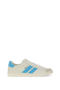 Bally women’s Tyger sneaker white featuring cream color with bold blue stripes and matching heel tab front view