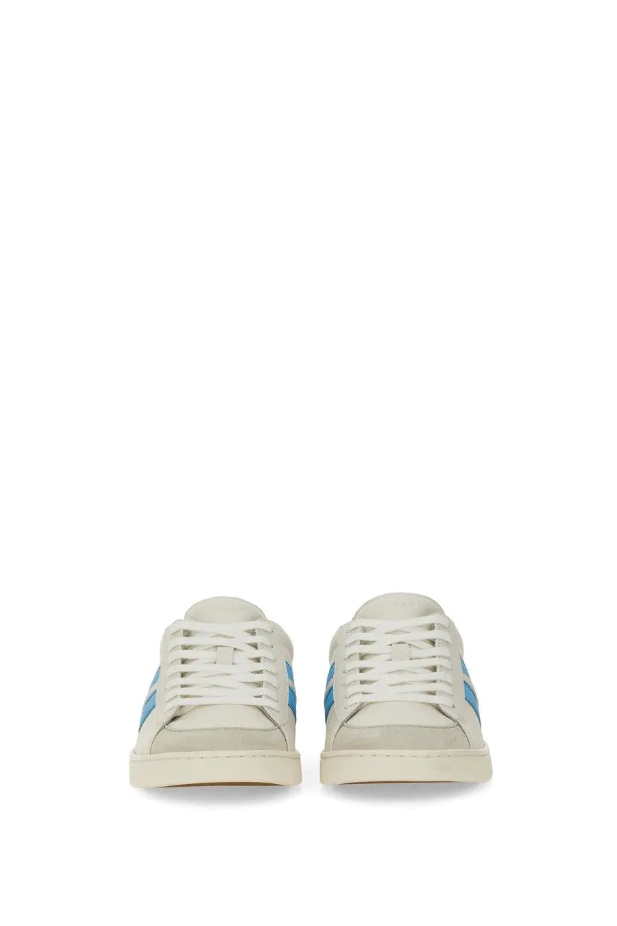 Bally women’s tyger sneaker white cream leather with light blue side stripes casual sneaker