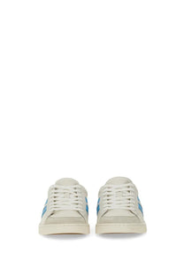 Bally women’s tyger sneaker white cream leather with light blue side stripes casual sneaker