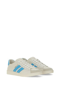 Bally women’s tyger sneaker white in cream with bold blue stripes and matching heel tab shown from the back side