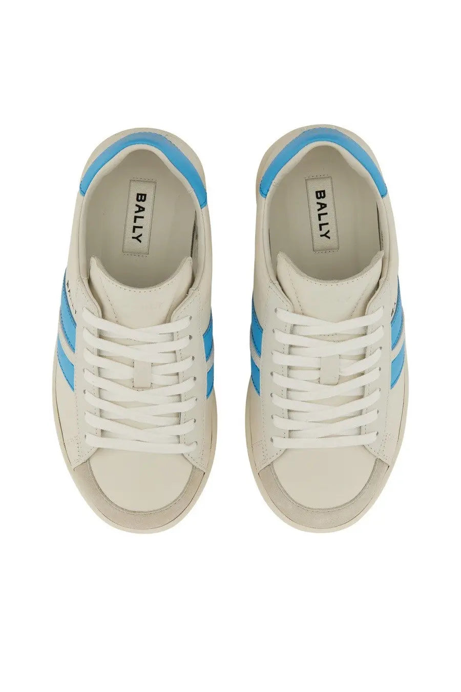 Cream-colored Bally women’s Tyger sneakers with light blue stripes and matching heel accents in leather material