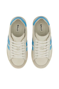 Cream-colored Bally women’s Tyger sneakers with light blue stripes and matching heel accents in leather material