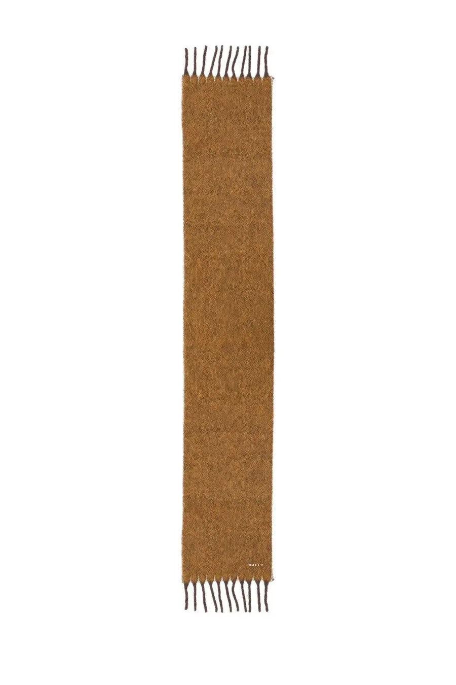 Bally women’s wool blend scarf in warm caramel brown with soft textured cashmere weave and fringed ends
