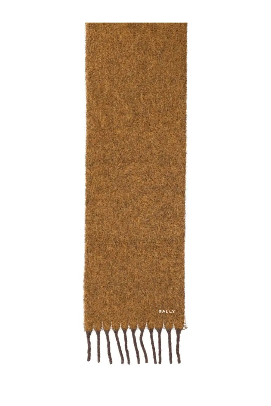 Bally women’s wool blend scarf in warm earthy brown with soft textured knit and dark fringe detailing