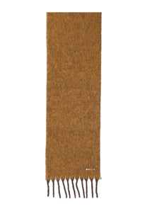 Bally women’s wool blend scarf in warm earthy brown with soft textured knit and dark fringe detailing