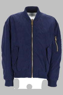 Balmain men’s navy blue bomber jacket with gold-tone zipper accents and ribbed cuffs in a bomber con ricamato style