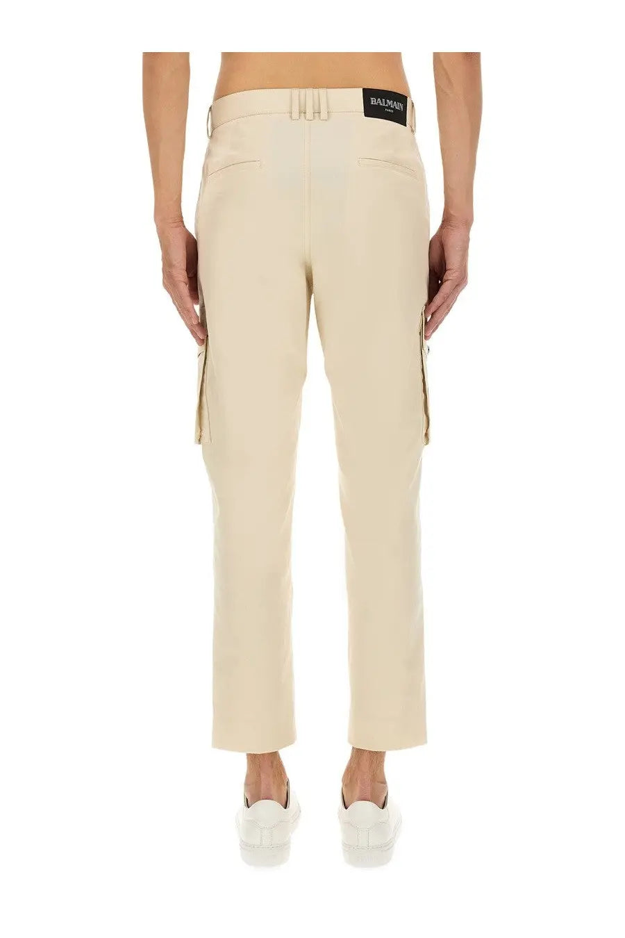 Beige Balmain men’s cotton cargo pants with a sleek straight-leg cut and subtle side pockets