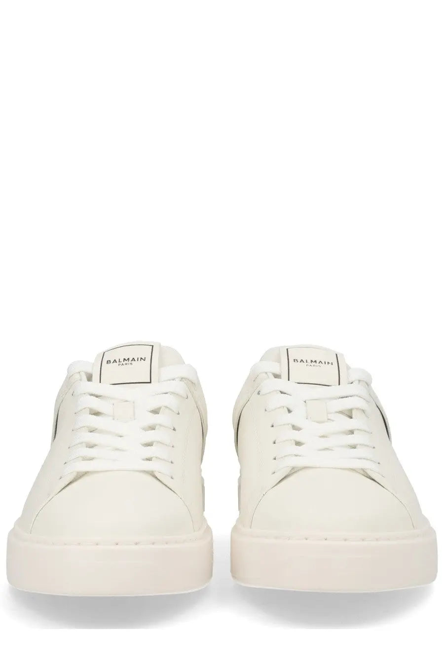 Balmain men’s court sneaker white in white leather with clean minimalist design and matching laces