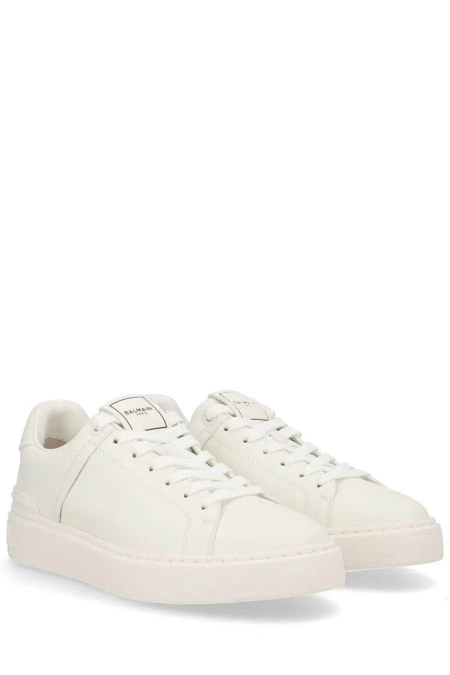 Balmain men’s court sneaker white featuring white leather with clean minimalist design and matching laces